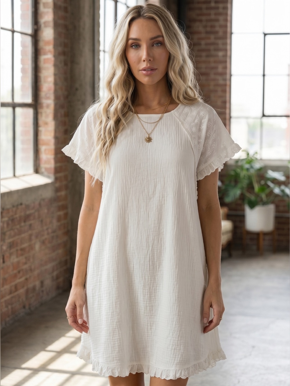 NWT UMGEE Eyelet Ruffle Cotton Gauze Boho Casual Dress